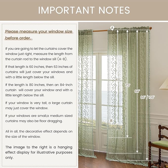 WAZZIO Boho Lace Curtains 2 Panels 96 Inch -Vintage Victorian Sheer Panel Drape - Image 7