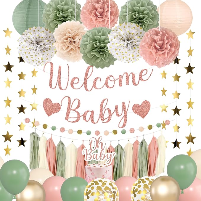 Amandir Sage Green and Pink Baby Shower Decorations Welcome Baby Banner | Pink by Amandir