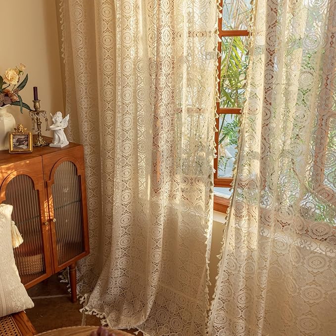 YJ YANJUN Boho Lace Curtains 84 inches Long 2 Panels-Vintage Floral Crochet by YJYANJUN