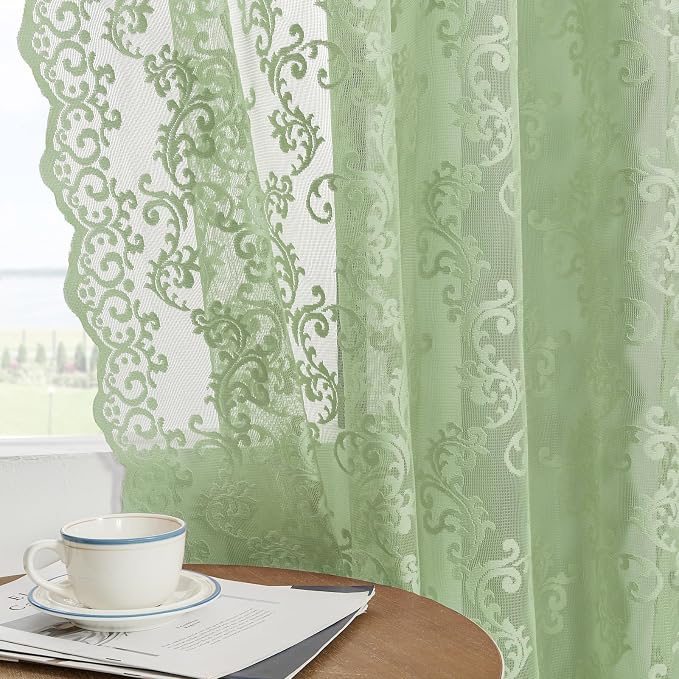 FOLKSIDE Sage Green Lace Curtains 96 Inches Long 2 Panels Country Vintage Sheer - Image 3