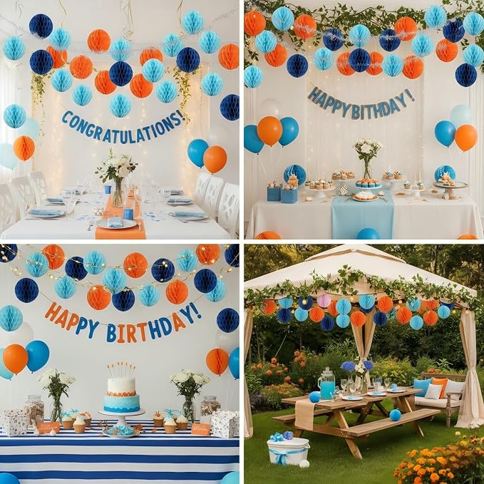 Orange Blue Paper Honeycomb Balls, 12 Pack Hanging Tissue Pom Poms - Image 2