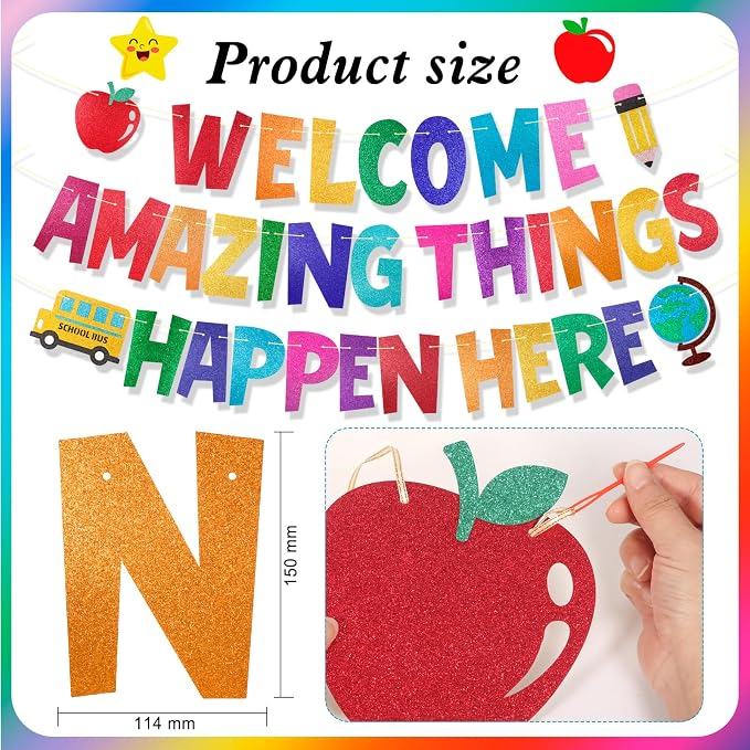 HOWAF Glitter Welcome Amazing Things Happen Here Banner, Back to School Garland - Image 2