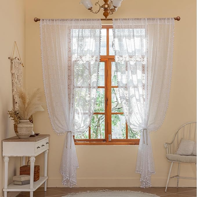 YJ YANJUN Boho Lace Curtains 108 inch 2 Panels, Vintage Floral Crochet Drapes - Image 5