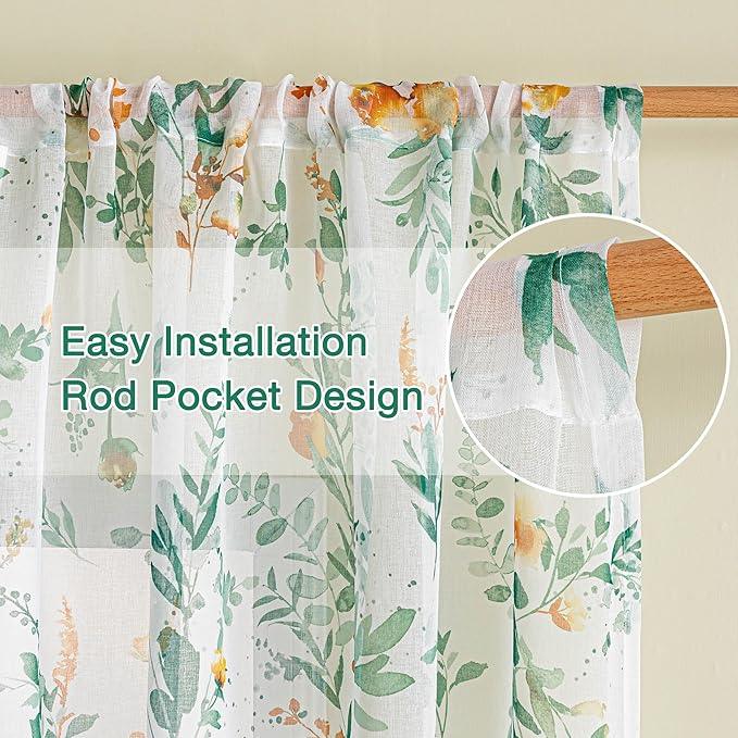 MYSKY HOME Green Floral Sheer Cafe Curtains 36 Inches Long - Image 3