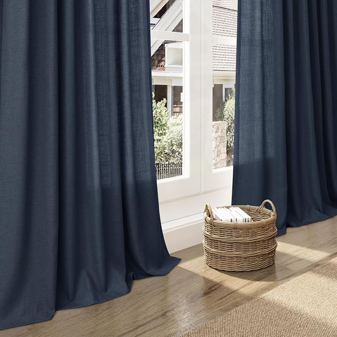 Vintage Blue Linen Curtains 84 Inch Length 2 Panels Set - Image 6