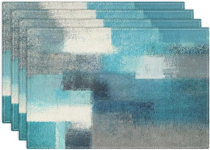 Emvency Farmhouse Placemats Set of 4, 12x18 Inch Modern Teal and Grey Abstract by Emvency
