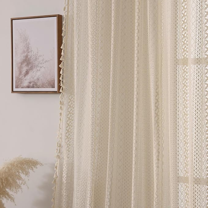 WAZZIO Boho Lace Curtains 102 Inch 2 Panel, Light Filtering Privacy Tassel & - Image 5