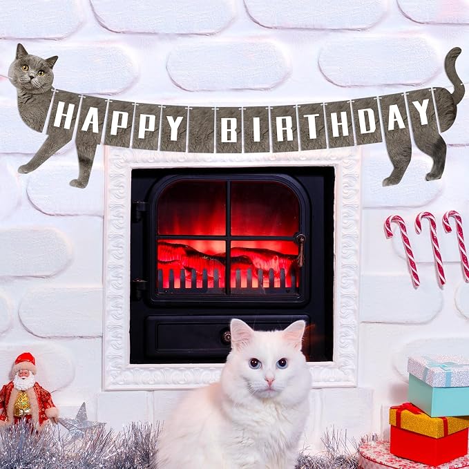 Cat Happy Birthday Banner Grey Cats Theme Party Decorations Cat Banner Bunting - Image 8