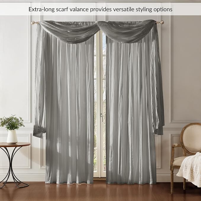 Athena Faux Silk Window Curtain and Scarf Set, Sterling - Image 3