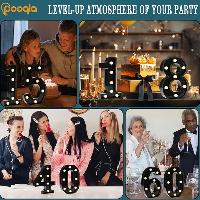 Pooqla Decorative Led Light Up Number Letters, Black Plastic Marquee Number Lights Sign for 10th 50th Birthday Party Wedding Decor Battery Operated Black Number 0