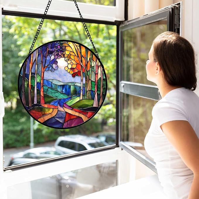 DASTOLL Stained Glass Window Hanging, Colorful Forest Landscape Tree Suncatcher - Image 2