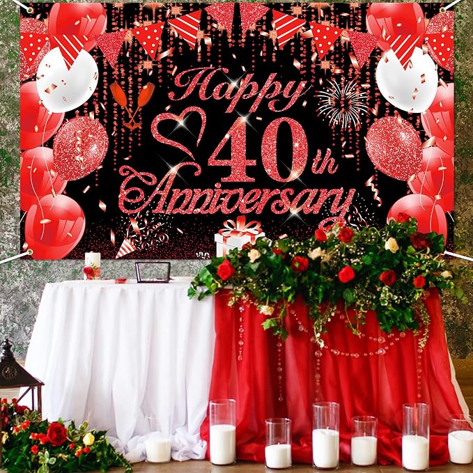 40th Anniversary Decorations Red Black Happy Banner Ruby Wedding - Image 4