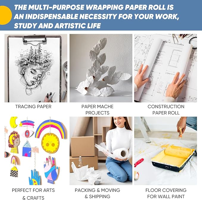 White Wrapping Paper Craft Paper Kraft Paper Roll 15" x 450", Bulletin Board Paper, Arts & Crafts, Gift Wrapping Packing Painting Drawing Paint Easel Poster Chart Decorative Paper, Kids Art Supplies