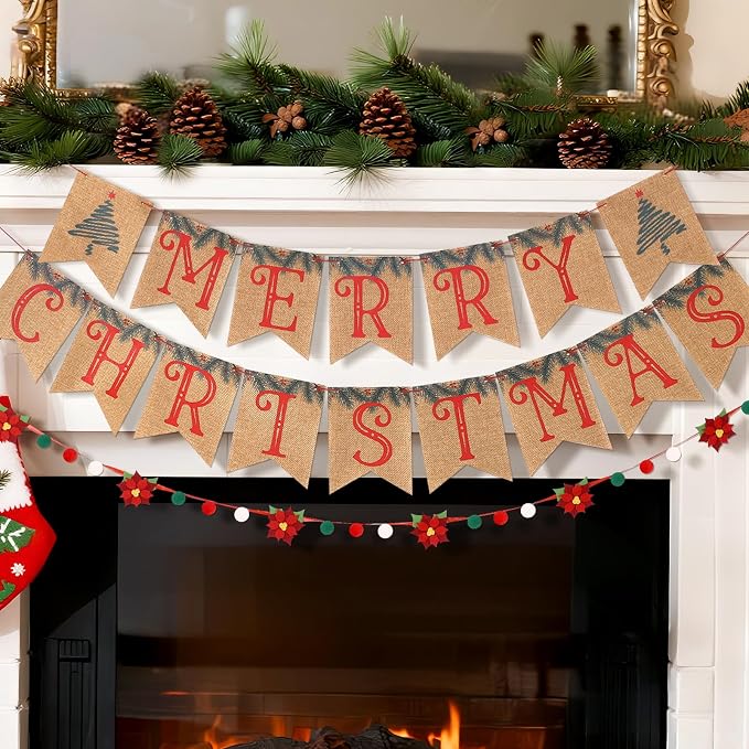 Christmas Burlap Banner and Felt Poinsettia Garland, Pre-strung Christmas - Image 3