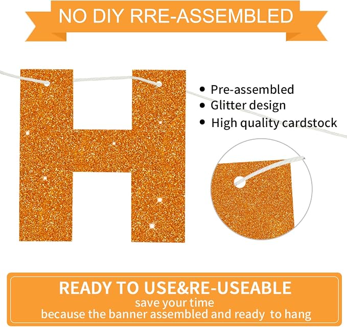 BEISHIDA Pre-Strung Glitter Orange Happy Birthday Banner Party Sign Decor | NO - Image 2