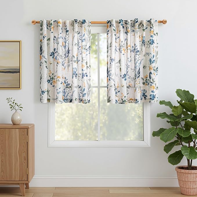 MYSKY HOME Linen Floral Kitchen Curtains 36 inch Length 2 Panels Set Over Sink - Image 2