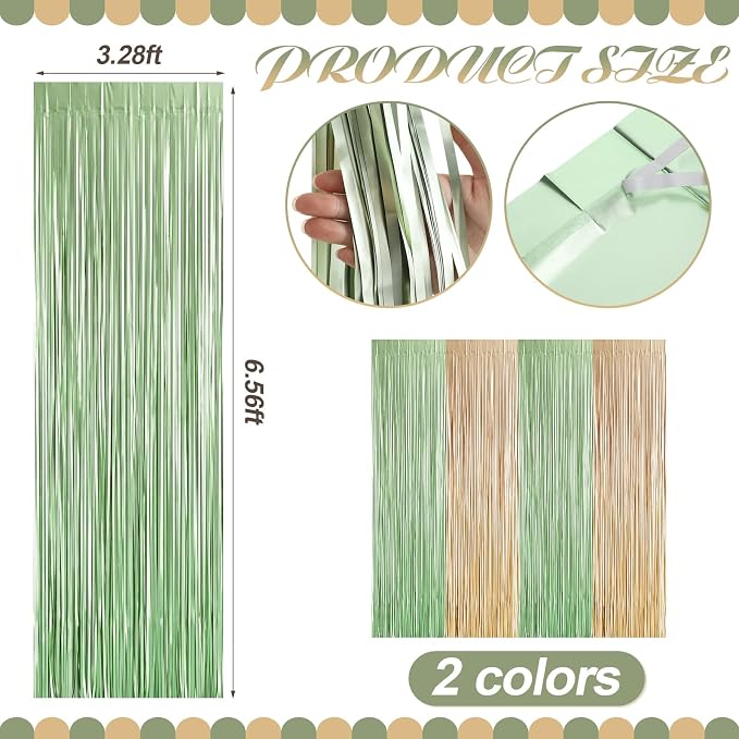 Frienda 4pcs Sage Green and Gold Party Decorations 6.6ft Fringe Curtains - Image 2
