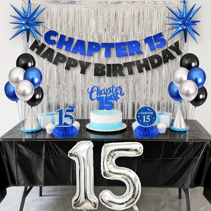 15th Birthday Decorations for Boys and Girls, Fringe Curtains, Tablecloth and - Image 3