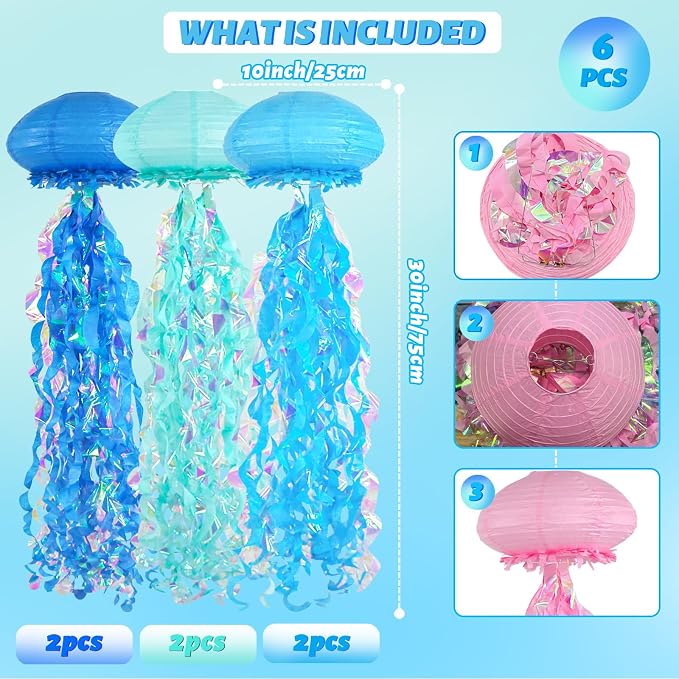 10-Inch Jellyfish Paper Lanterns, Under the Sea Party Decorations | 6-Pack Blue - Image 3