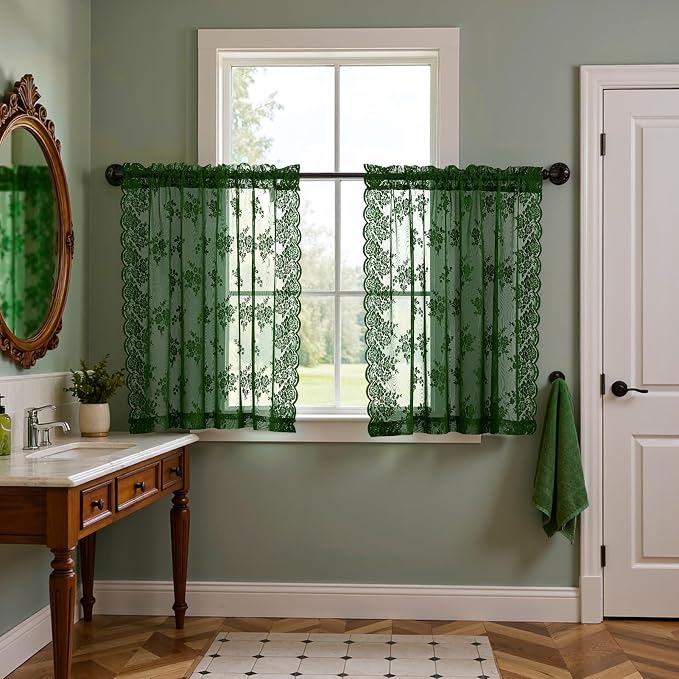 Emerald Green Lace Curtains for Kitchen Windows W42 x L36 Inch, 2 Panels | Rod - Image 7