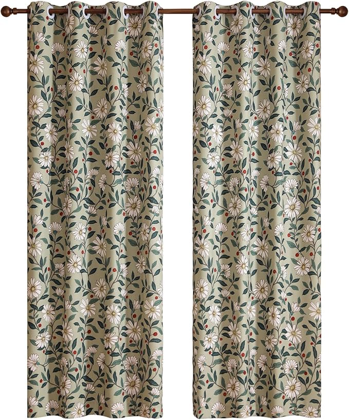 Designer French Green Linen Printed Curtain, 2 Panels, Floral Pattern Home - Image 4