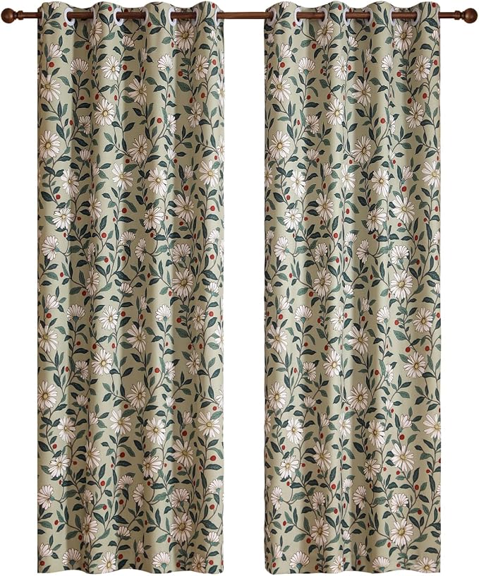 Designer French Green Linen Printed Curtain, 2 Panels, Floral Pattern Home - Image 4