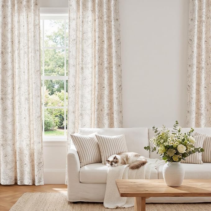 jinchan Linen Floral Curtains for Living Room 84 Inch Length Taupe Flower - Image 2