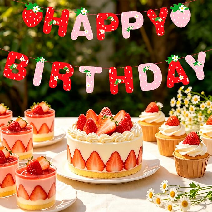 MEETINGU Strawberry Happy Birthday Banner, Berry Sweet Girl Party Decoration - Image 4
