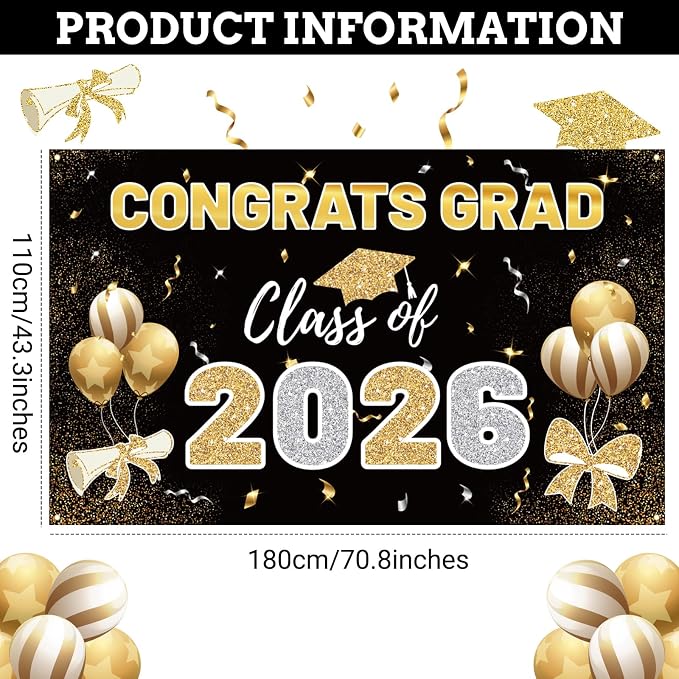 STARSIDE 2026 Graduation Backdrop 70.8x43.3 Inch Black Gold | Congrats Grad - Image 2