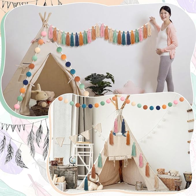 Tenceur Boho Tassel Garland and Pom Pom Banner Set- 4 Pcs Rainbow Wall Decor - Image 6