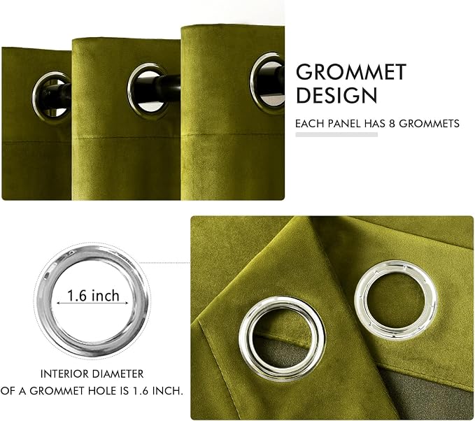 MIULEE Velvet Curtains Light Olive Green 52 x 96 Inch Length Set of 2 | Grommet - Image 2