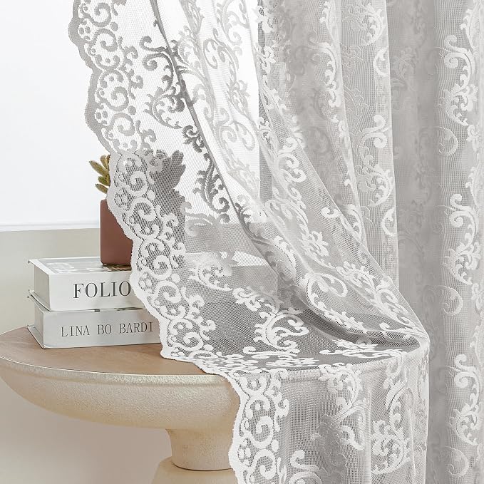 Gray Lace Curtains 90 Inches Long 2 Panels Paisley Floral Sheer Curtains by FOLKSIDEHomeDecoration