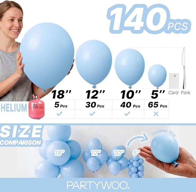 PartyWoo Light Blue Balloons 140pcs Baby Pastel Sky Aqua Blue Color | Different - Image 6