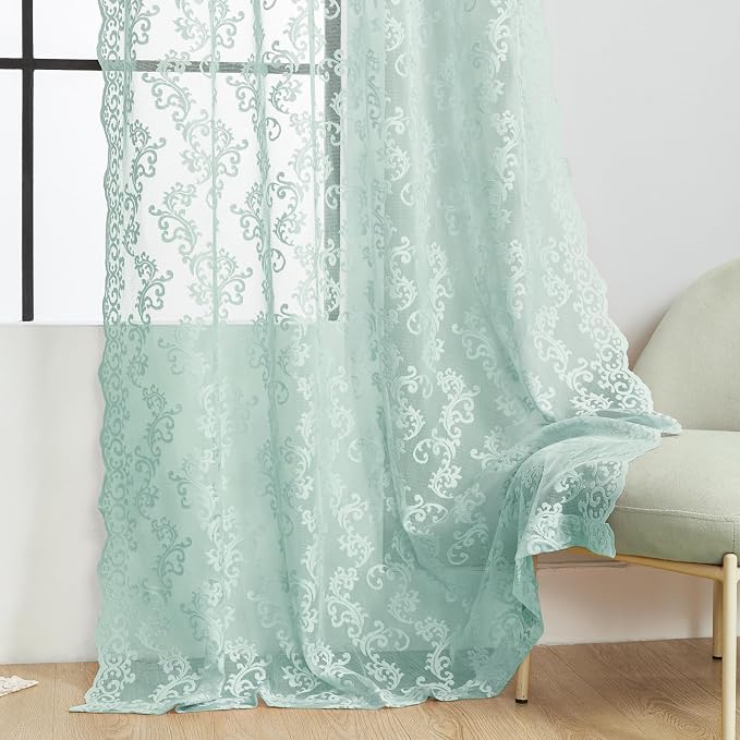 Pastel Turquoise Lace Curtains 96 Inches Long Rod Pocket Light Teal Paisley - Image 5