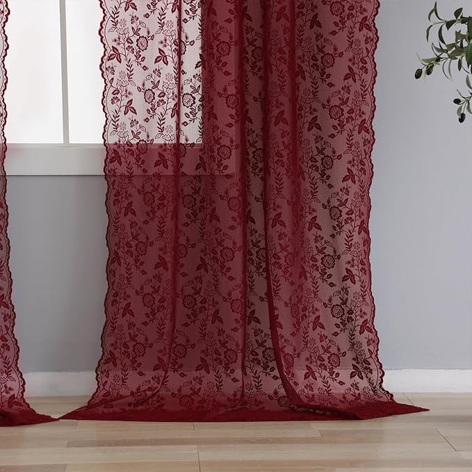 Burgundy Lace Curtains for Bedroom Rustic Leaf Floral 42x63 Inch 2 Panels | Rod - Image 6