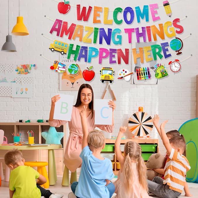 HOWAF Glitter Welcome Amazing Things Happen Here Banner, Back to School Garland - Image 5