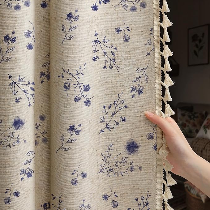 Boho Floral 100% Blackout Curtains 84 Inch 2 Panels Dark Blue | Farmhouse by Unknown