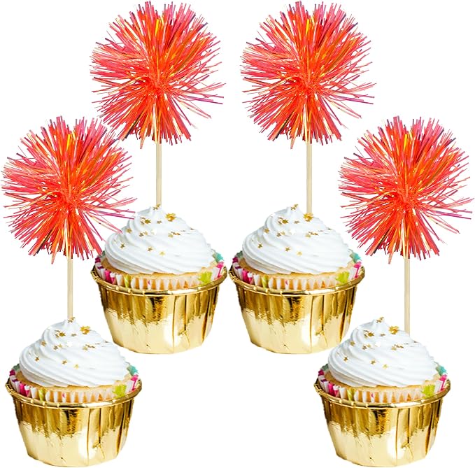 Gyufise 30Pcs Foil Firework Cupcake Toppers Sparkle Tinsel Cake Toppers Tinsel by Gyufise