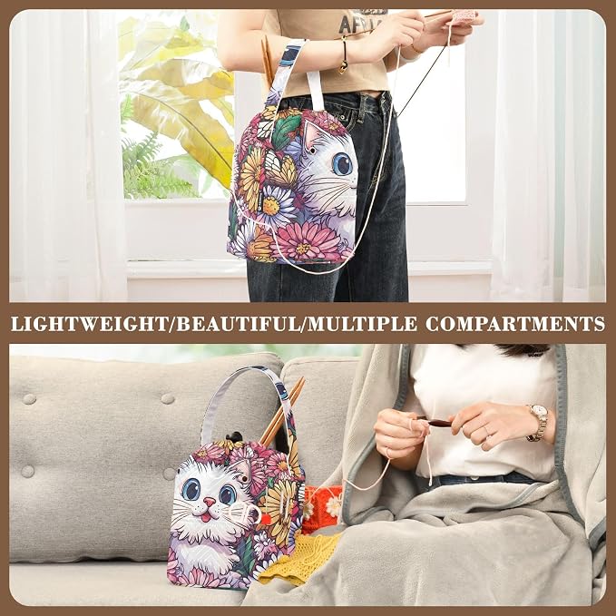 Cute Chrysanthemum Cats Butterflies Yarn Bag Small Crochet Bag Drawstring Yarn - Image 5
