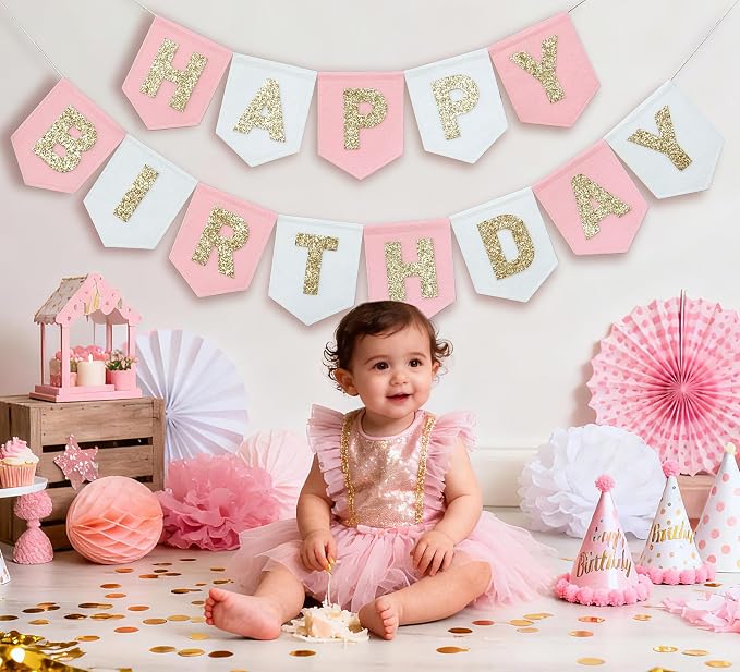 Felt Pink Gold White Happy Birthday Banner Birthday Decorations - Image 2