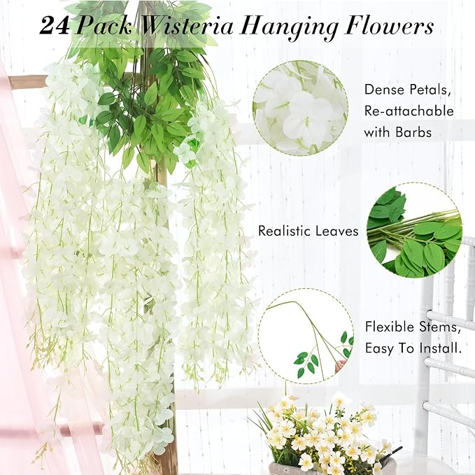 24 Pack Wisteria Hanging Flowers, 3.6 Feet/Pcs White Wisteria Artificial Flowers - Image 3