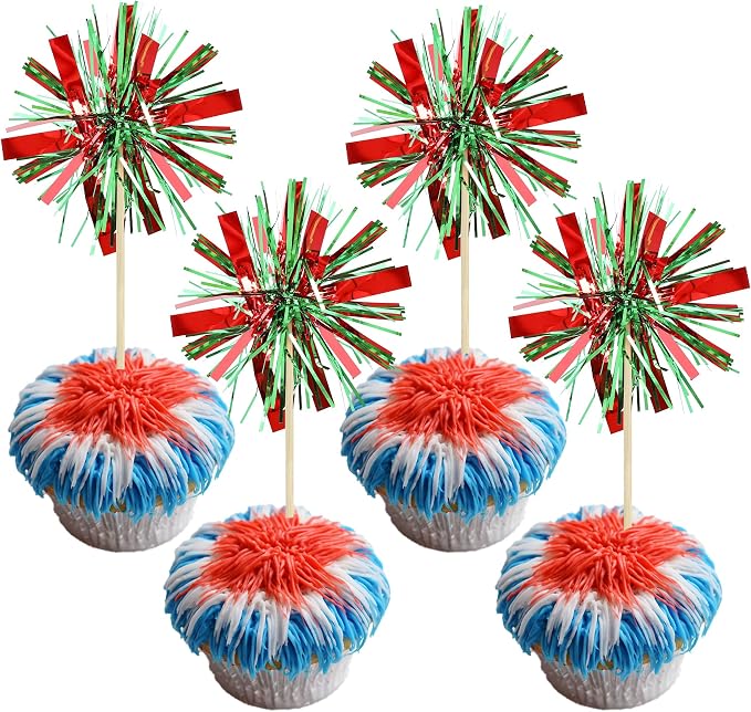 Gyufise 20Pcs Foil Firework Cupcake Toppers Happy Birthday Cake Toppers Tinsel by Gyufise