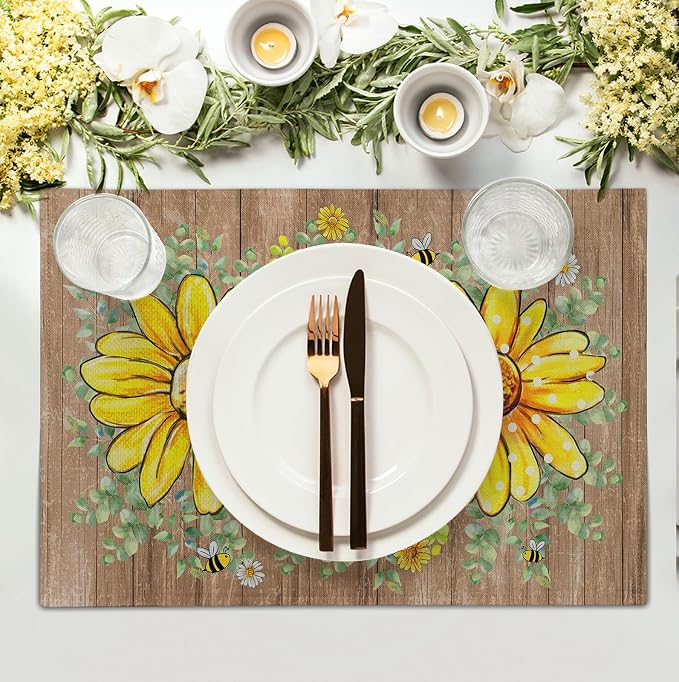 Spring Summer Floral Set of 4 Sunflower Daisy Eucalyptus Leaf Wooden Board - Image 3