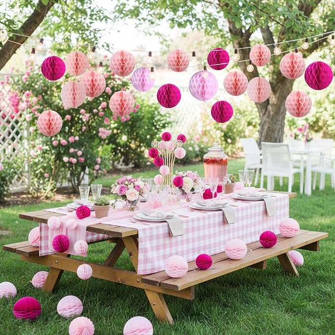Hot Pink Paper Honeycomb Balls, 12 Pack Hanging Tissue Pom Poms - Image 3