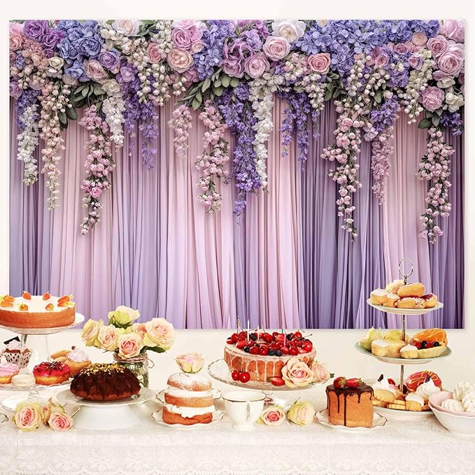 5x4ft Purple Flower Wedding Photography Backdrop Lavender Floral Wedding Bridal Photography Backdrop Anniversary Birthday Baby Shower Girl Party Banner Photo Booth Props Background Wall Decor