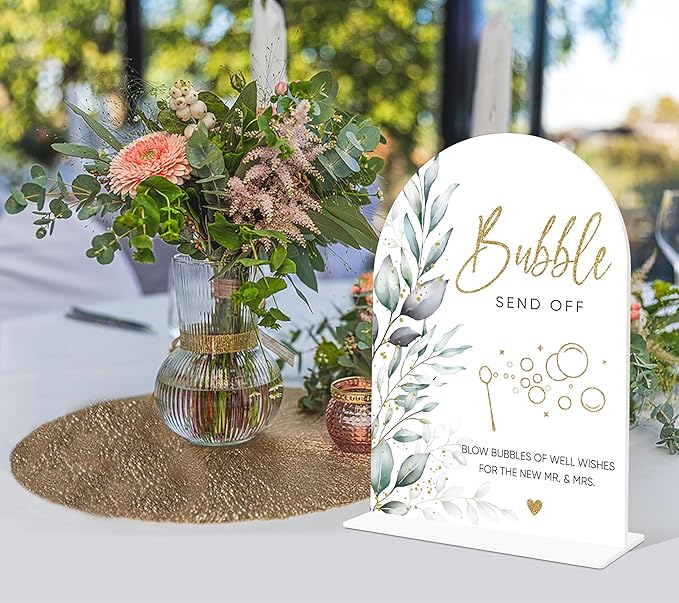 Acrylic Wedding Signs, Greenery Theme Bubbles Send Off Sign, Wedding Reception Signage, Bridal Shower Table Decor with Stand, Engagement, Anniversary, Newlywed Events and Parties Supplies, 14