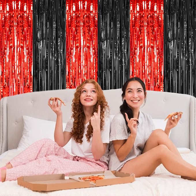 PIGETALE, 2 Pack 3.2x8.2 Feet Black and Red Foil Fringe Curtains Party - Image 6