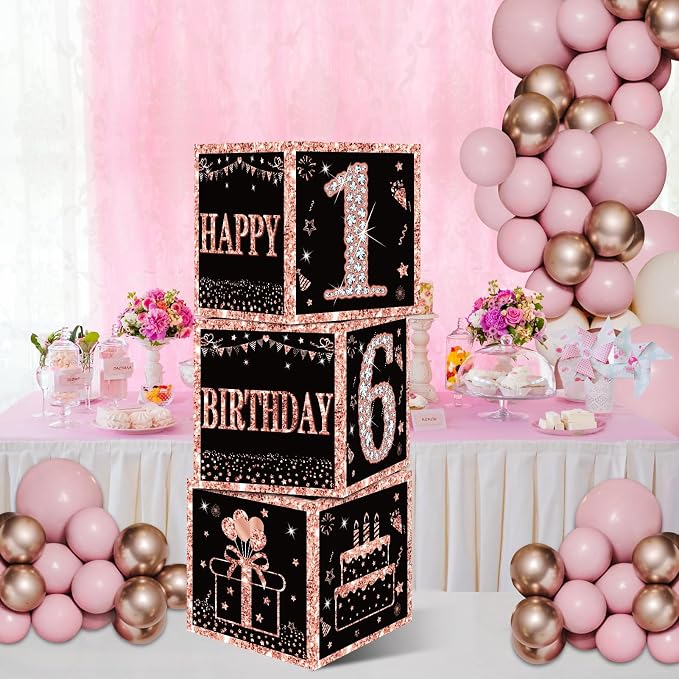 Eiurteao 3pcs Rose Gold 16th Birthday Decorations Boxes - Image 5