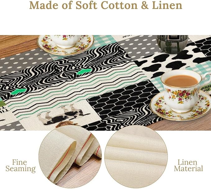 Cute Cow Print Table Runner,Farm Animals Honeycomb Plaid Stripes Cowhide Pattern Tablecloth Burlap for Hotel Indoors Outdoor Dining Room Kitchen Table Decor, 13x36in