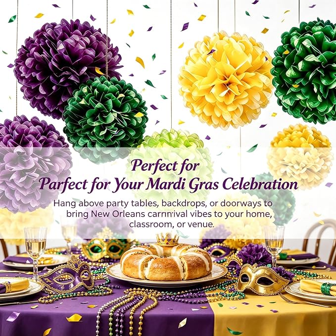 AimtoHome Mardi Gras Tissue Paper Pom Poms, Cyan Purple Green Yellow Cream - Image 2